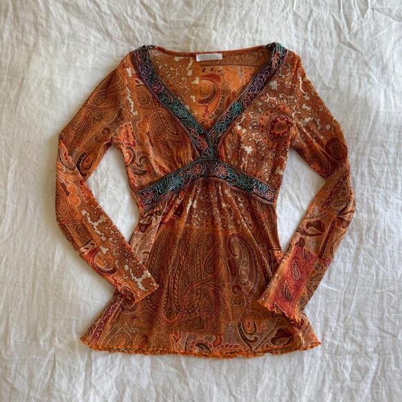 Promod Tops - Vintage european micro mesh orange long sleeve top